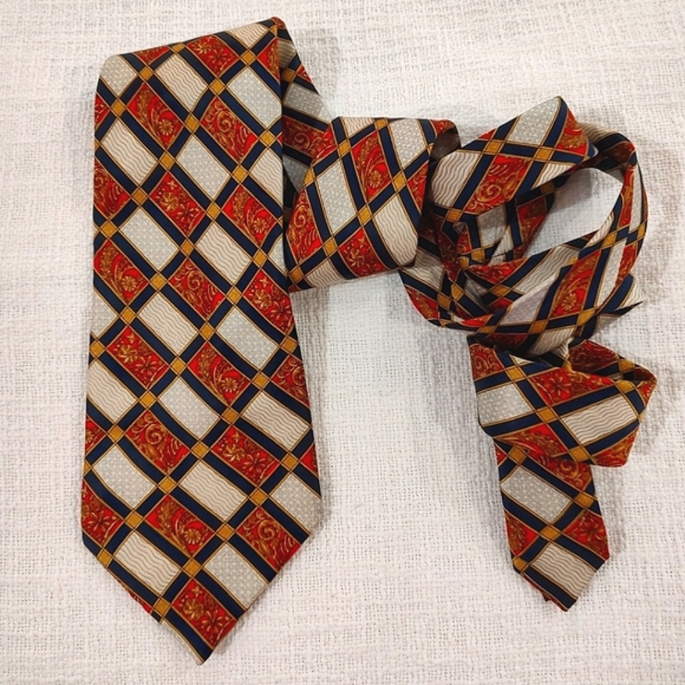 Lanvin Paris Silk Tie Mod Baroque Gold Scroll French Red Gold White